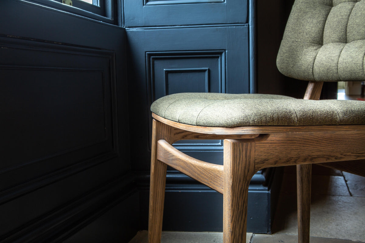 Carlton Furniture Pair of Boden Chairs upholstered seat and back in Hunter green Fabric Grey oil legs — upholstered seat and timber frame detail