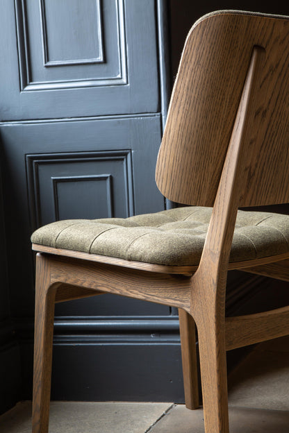 Carlton Furniture Pair of Boden Chairs upholstered seat and back in Hunter green Fabric Grey oil legs — back support and seat detail