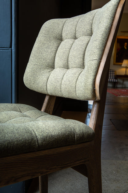 Carlton Furniture Pair of Boden Chairs upholstered seat and back in Hunter green Fabric Grey oil legs — buttoned fabric upholstery detail
