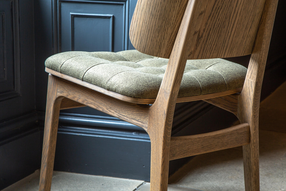 Carlton Furniture Pair of Boden Chairs upholstered seat and back in Hunter green Fabric Grey oil legs — seat and wooden frame detail