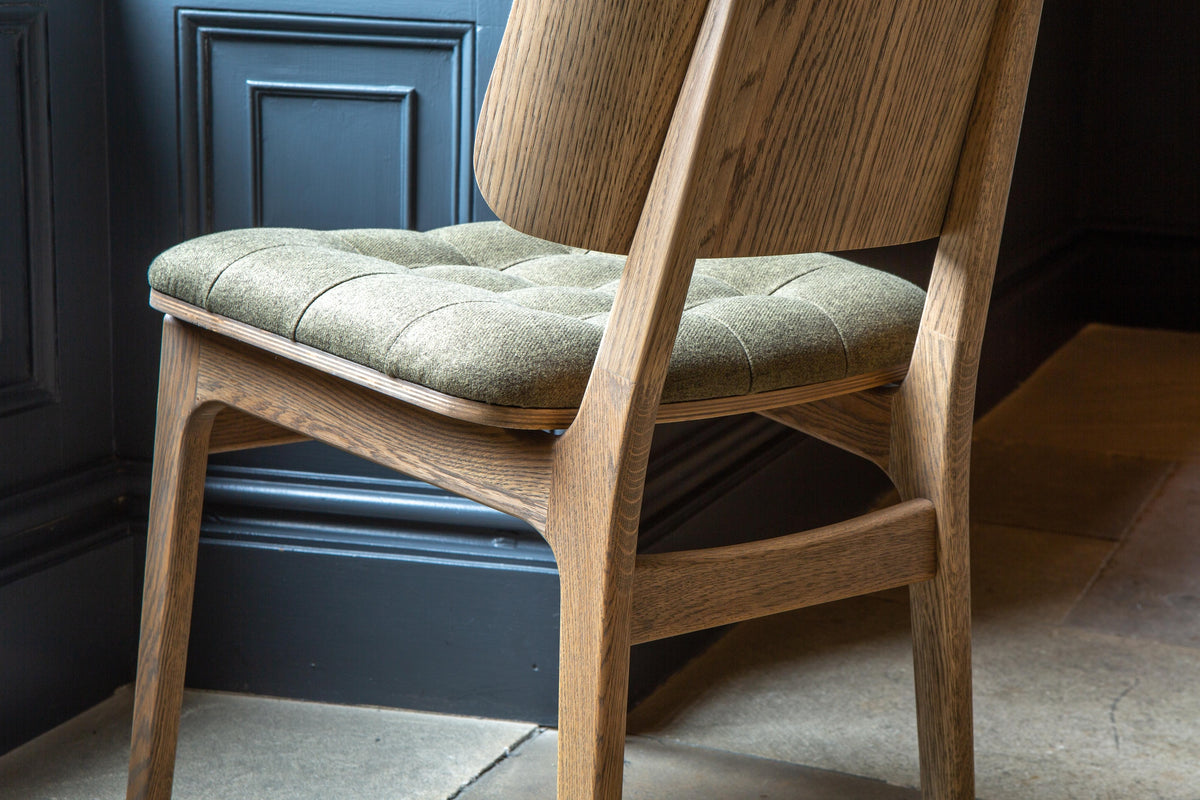 Carlton Furniture Pair of Boden Chairs upholstered seat and back in Hunter green Fabric Grey oil legs — rear frame and upholstery detail