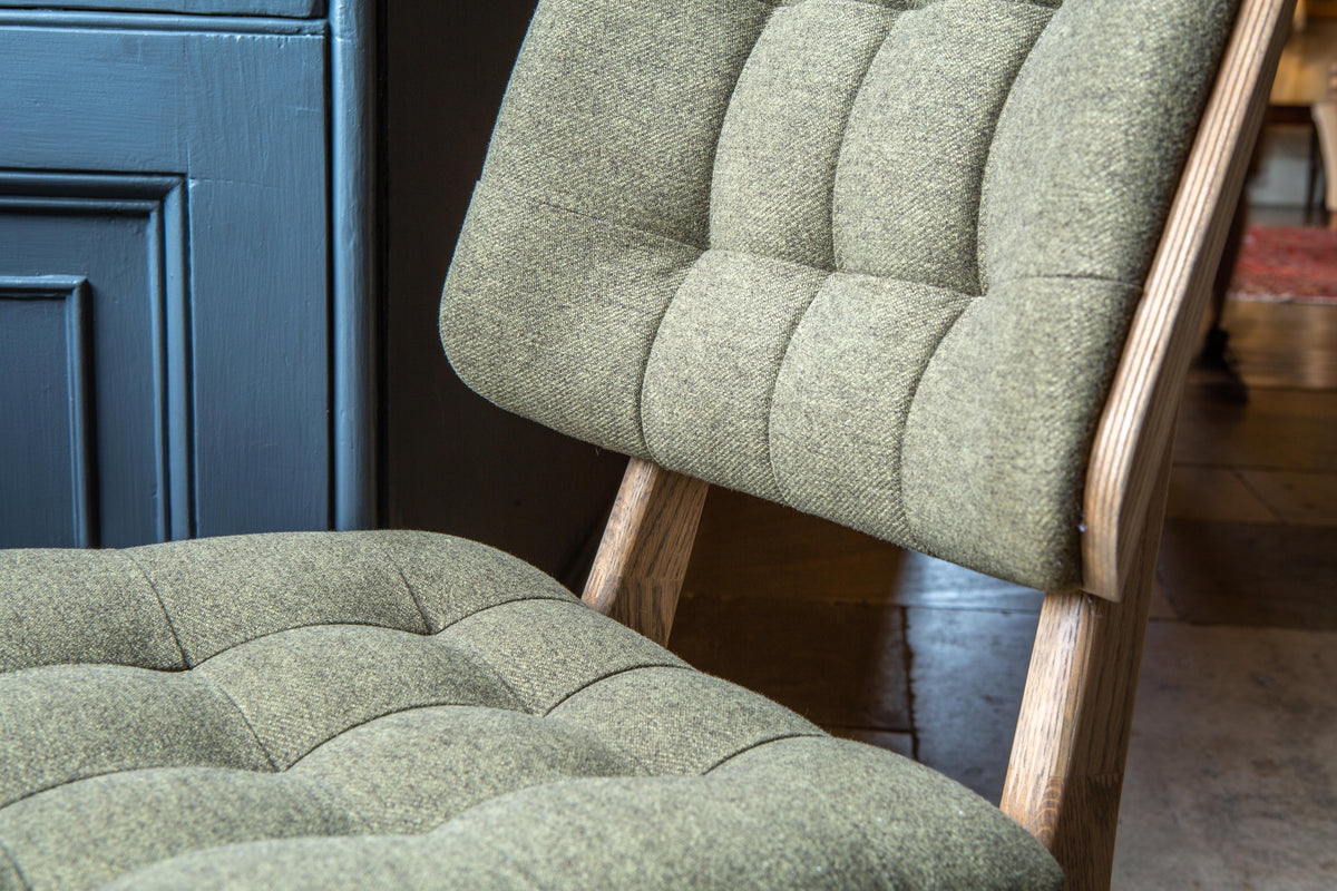 Carlton Furniture Pair of Boden Chairs upholstered seat and back in Hunter green Fabric Grey oil legs — buttoned fabric upholstery detail