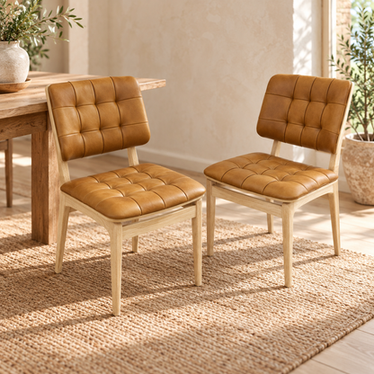 Carlton Furniture Pair of Boden Chairs upholstered seat and back in Tan Leather Bianco oil legs — lifestyle setting
