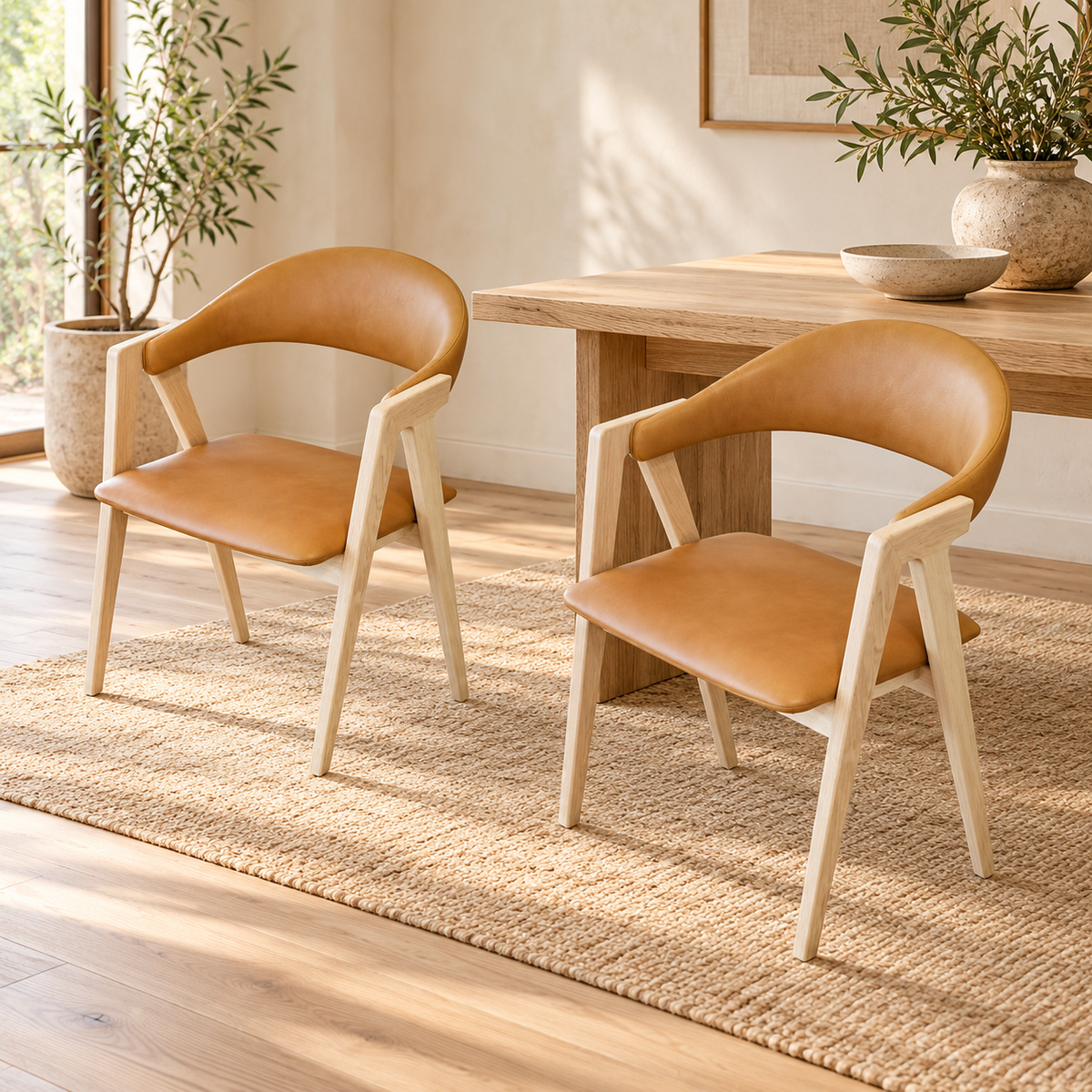 Carlton Furniture Pair of Ossby Chairs in Tan leather with Bianco Oiled Legs — lifestyle setting