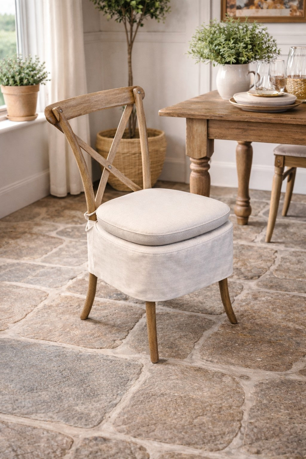 Carlton Furniture Pair of Yann Dining Chairs Natural Linen Aqua Guard Fabric — lifestyle setting