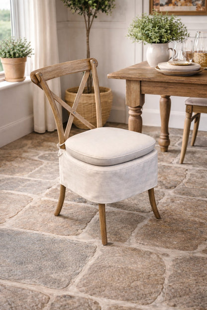 Carlton Furniture Pair of Yann Dining Chairs Natural Linen Aqua Guard Fabric — lifestyle setting