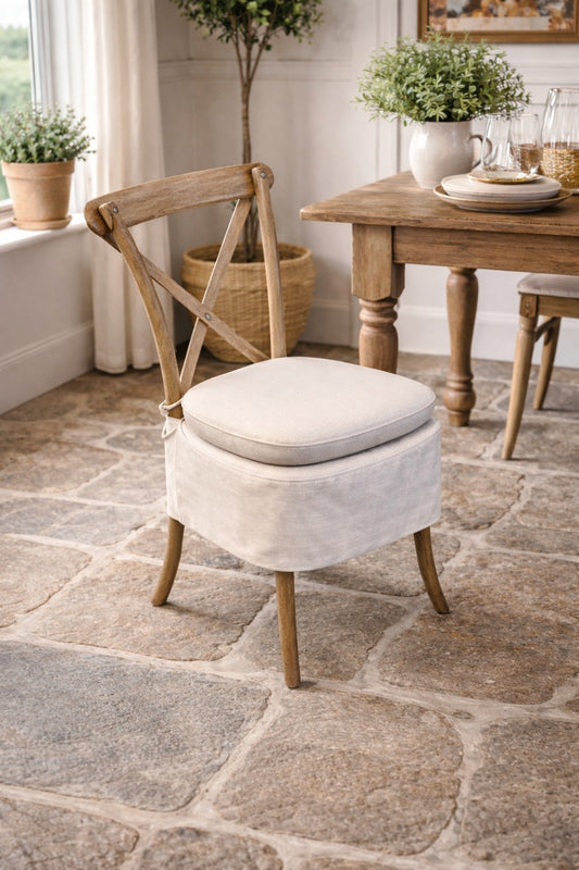 Carlton Furniture Pair of Yann Dining Chairs Natural Linen Aqua Guard Fabric — lifestyle setting