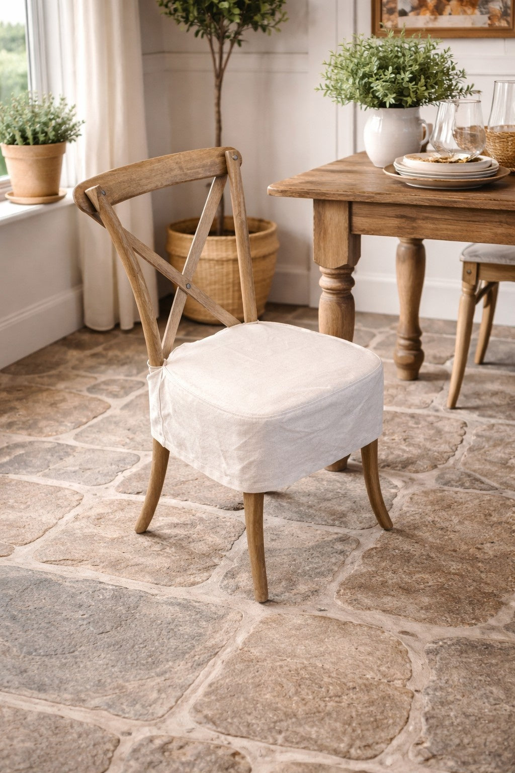 Carlton Furniture Pair of Yann Dining Chairs Natural Linen Aqua Guard Fabric — lifestyle setting