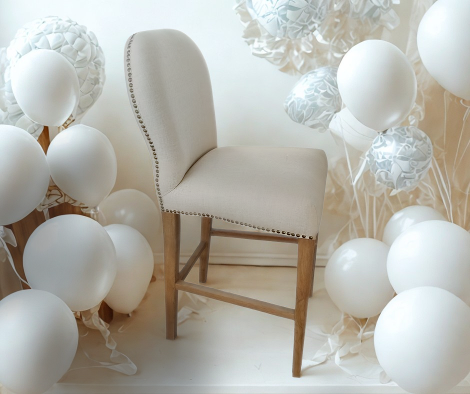 Carlton Furniture Pavilion Barstool - Natural Linen Grey oil legs & Brass Studs — lifestyle setting