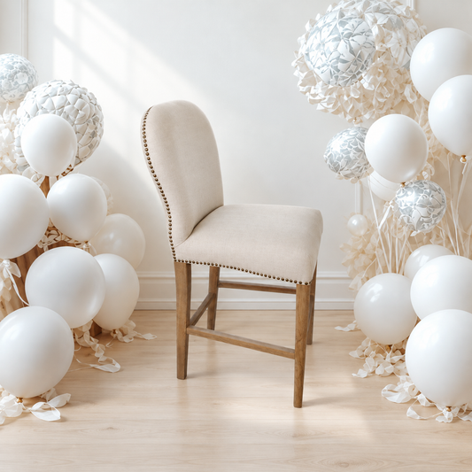 Carlton Furniture Pavilion Barstool - Natural Linen Grey oil legs & Brass Studs — lifestyle setting