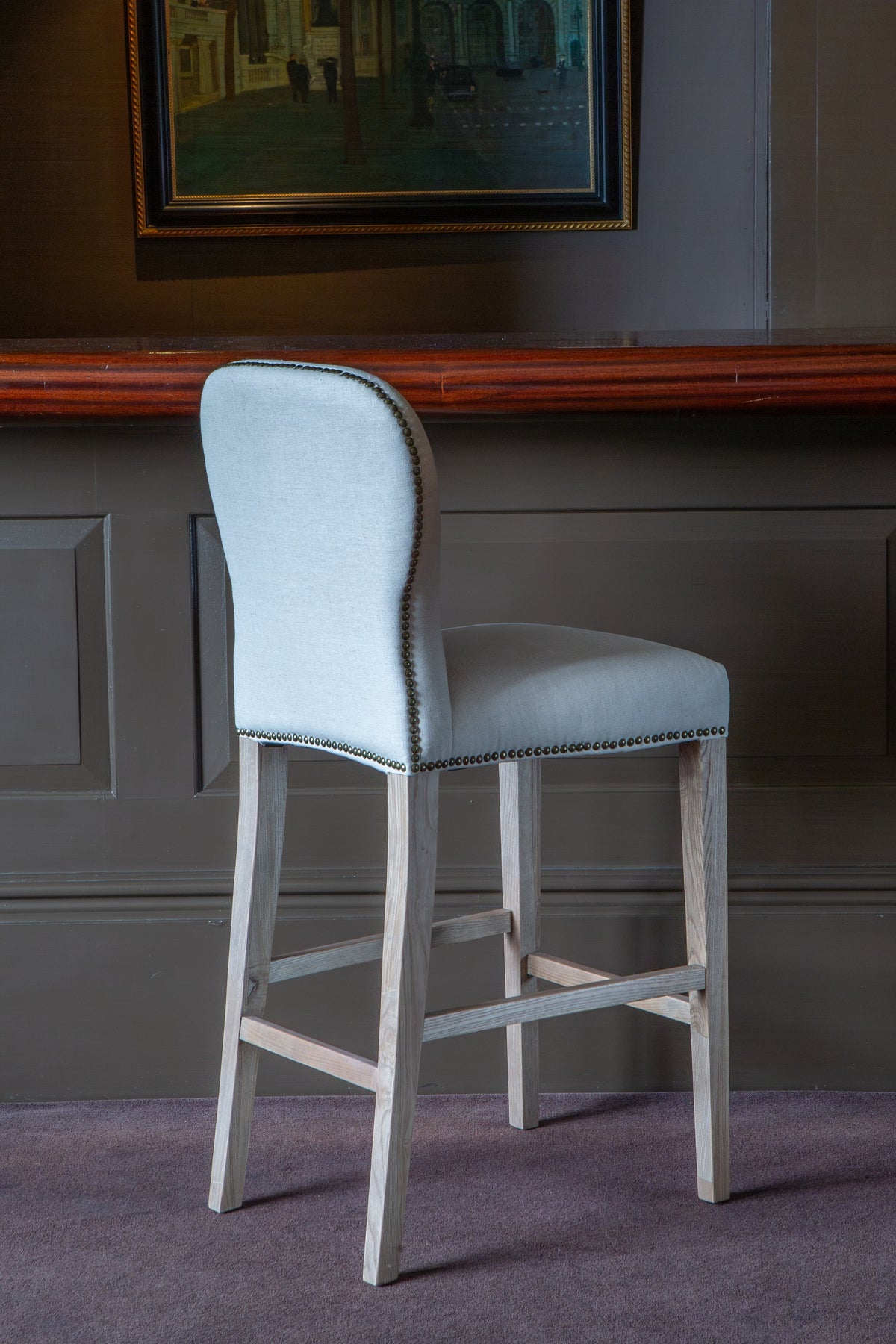 Carlton Furniture Pavilion Barstool - Natural Linen Grey oil legs & Brass Studs — lifestyle setting