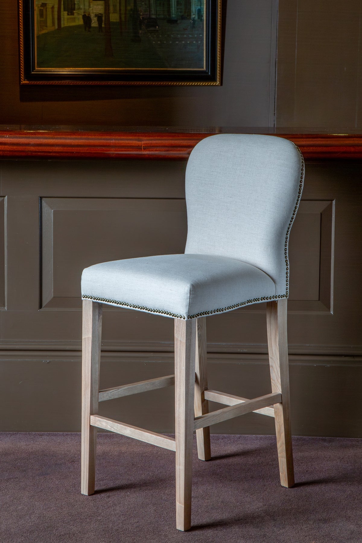 Carlton Furniture Pavilion Barstool - Natural Linen Grey oil legs & Brass Studs — lifestyle setting