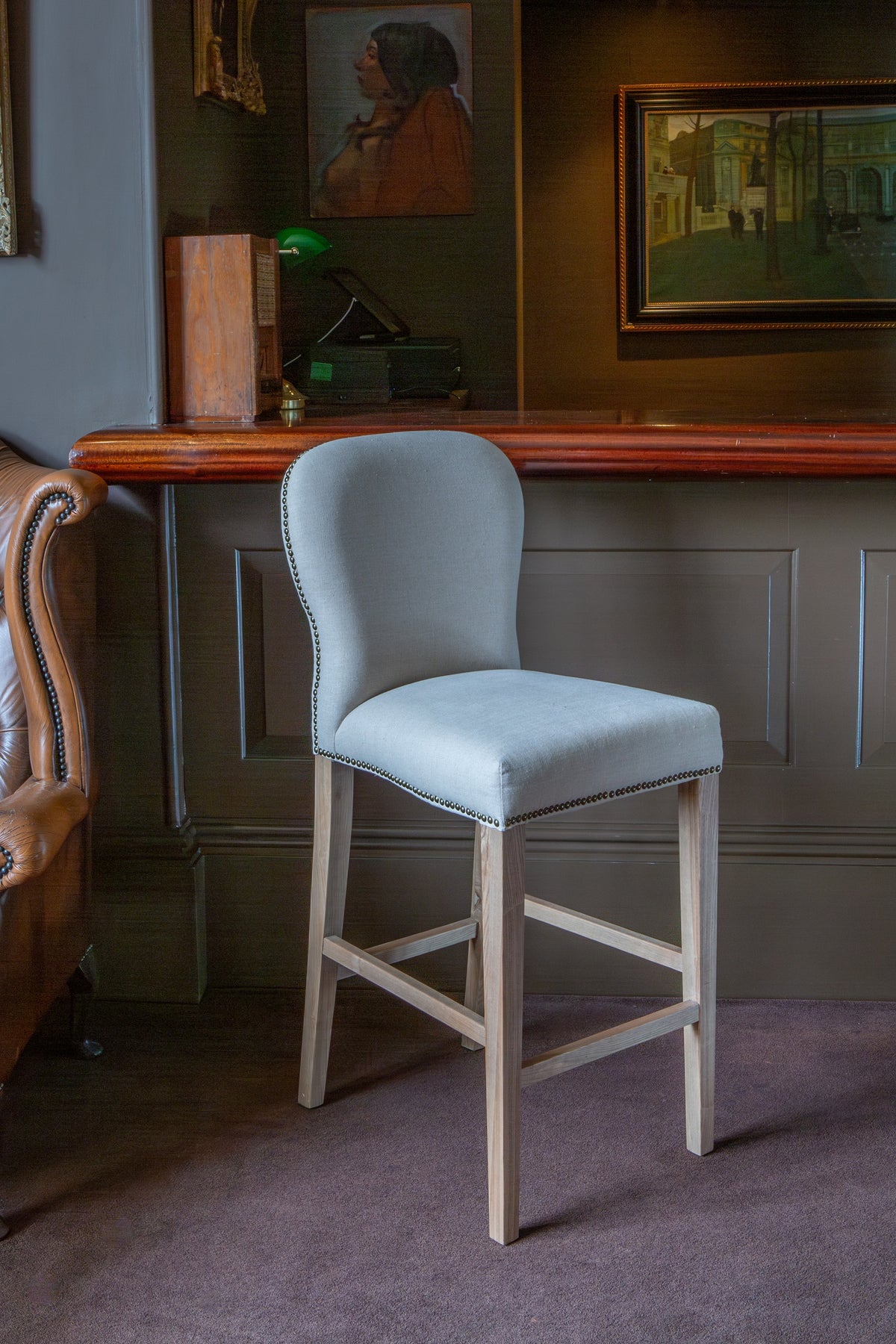 Carlton Furniture Pavilion Barstool - Natural Linen Grey oil legs & Brass Studs — lifestyle setting