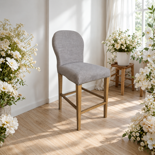Carlton Furniture Pavilion Barstool - Smoke with Grey oil legs & Brass Studs — lifestyle setting