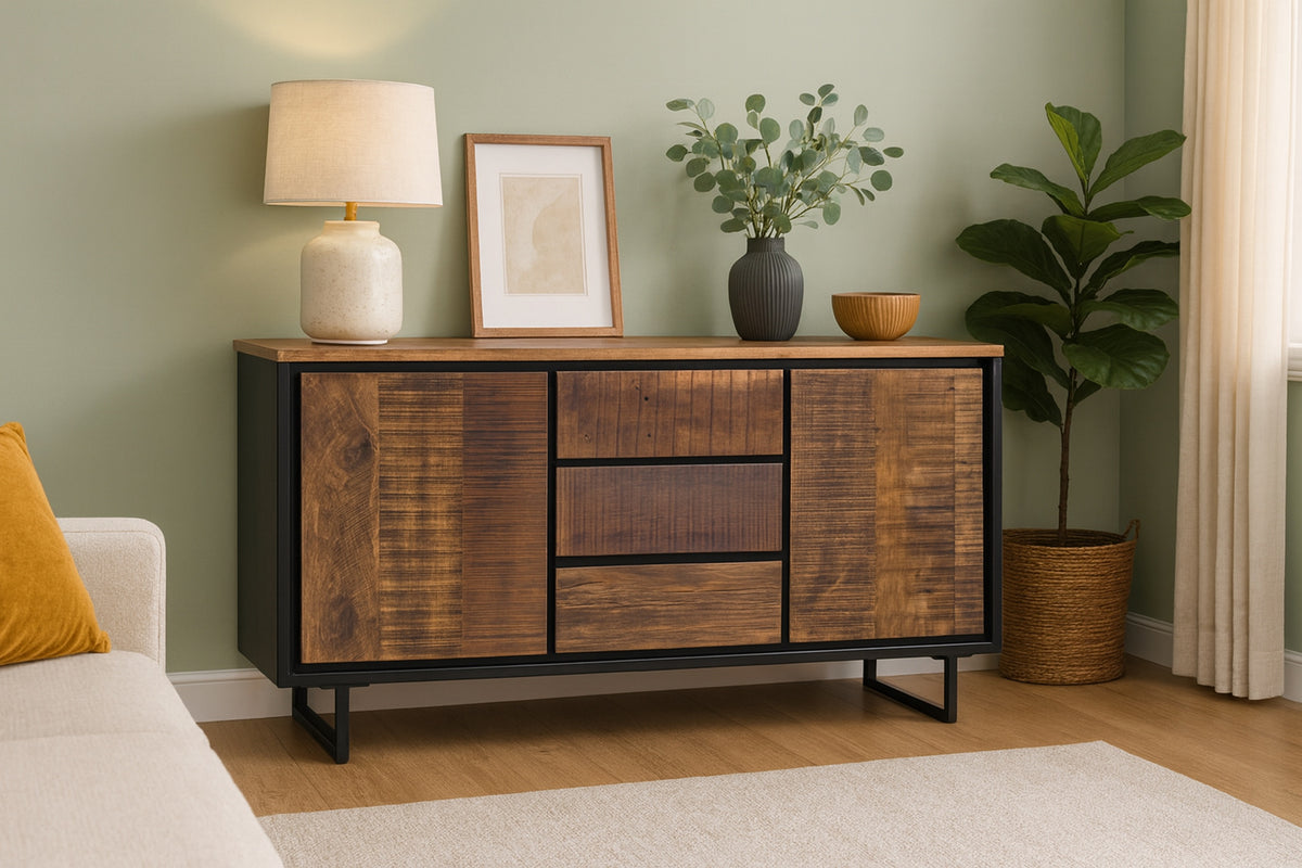 Carlton Furniture Sleeper Wood/Black Iron - 3 Drawer 2 Door Sideboard — lifestyle setting