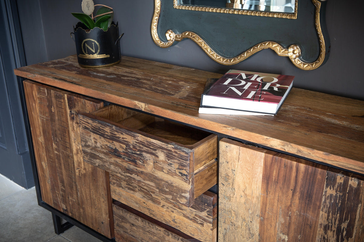 Carlton Furniture Sleeper Wood/Black Iron - 3 Drawer 2 Door Sideboard — open drawer detail