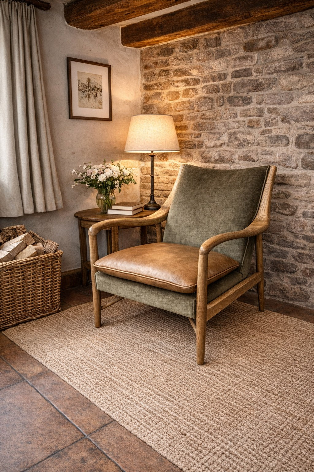 Carlton Furniture Tisbury Armchair in Verona Seaweed - full armchair in a warm room with stone wall
