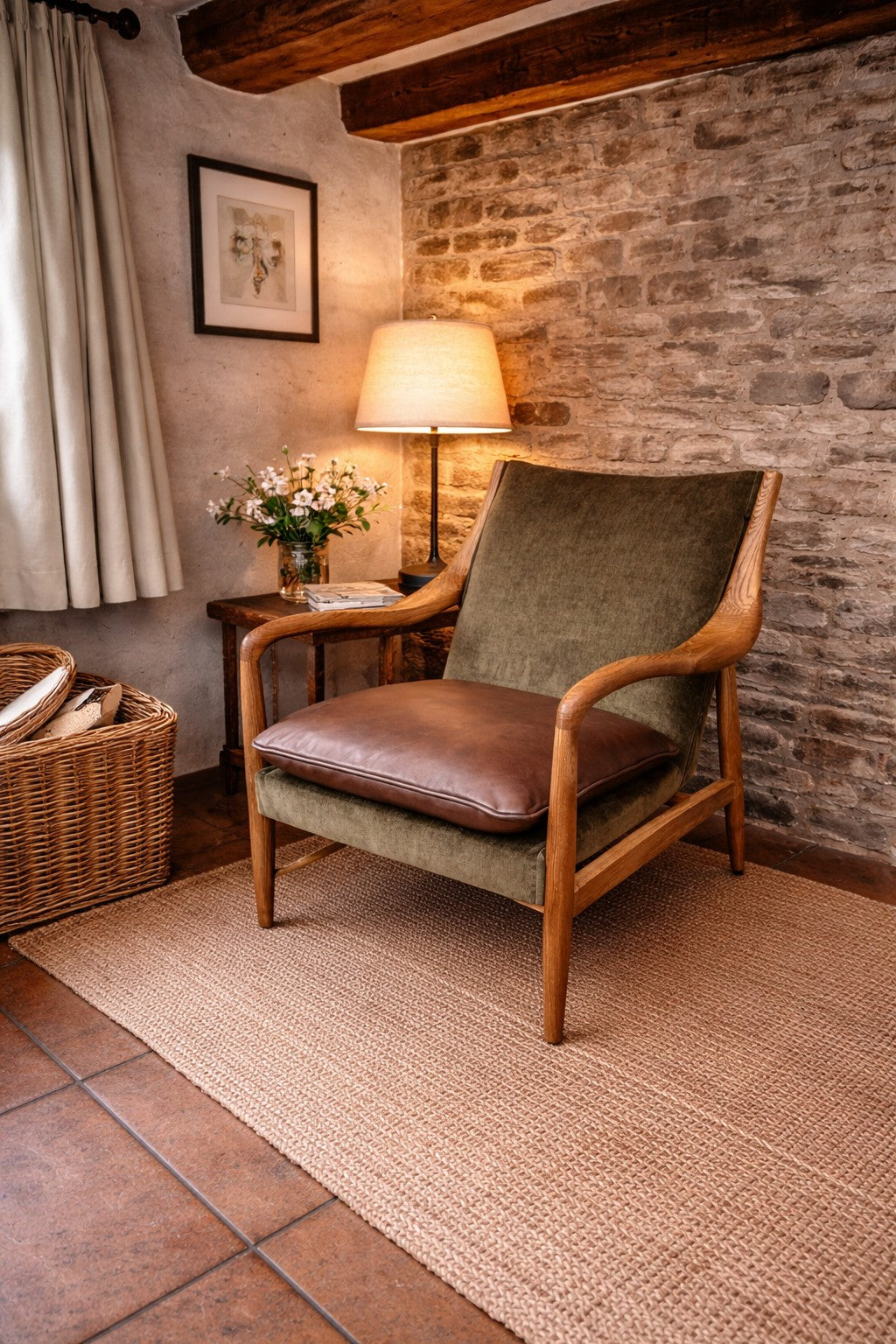 Carlton Furniture Tisbury Armchair in Verona Seaweed - alternative warm room view showing brown cushion and curved arms