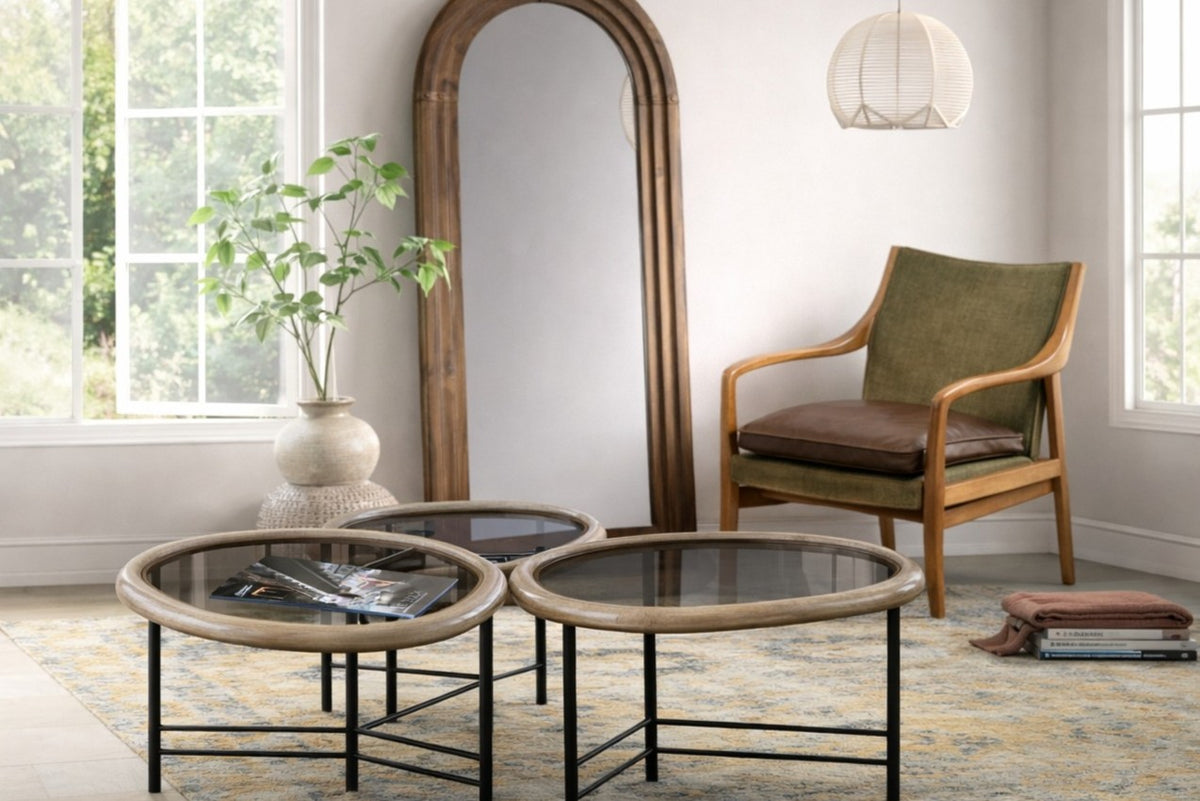 Carlton Furniture Tisbury Armchair in Verona Seaweed - light room view with armchair behind glass nesting tables