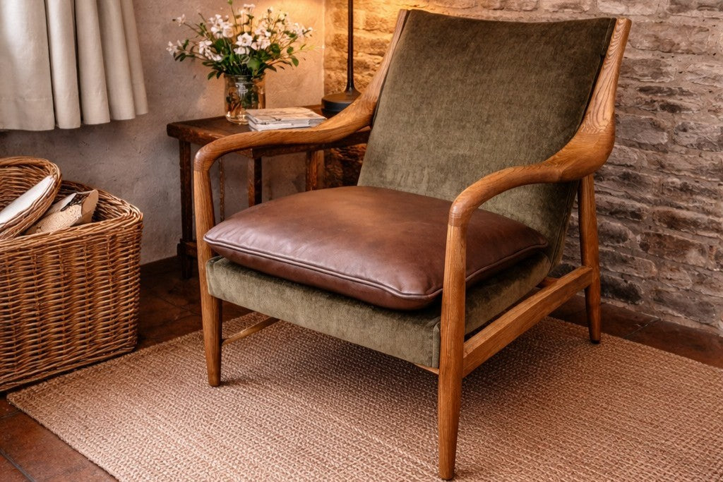 Carlton Furniture Tisbury Armchair in Verona Seaweed - close warm room view of green body and brown cushion