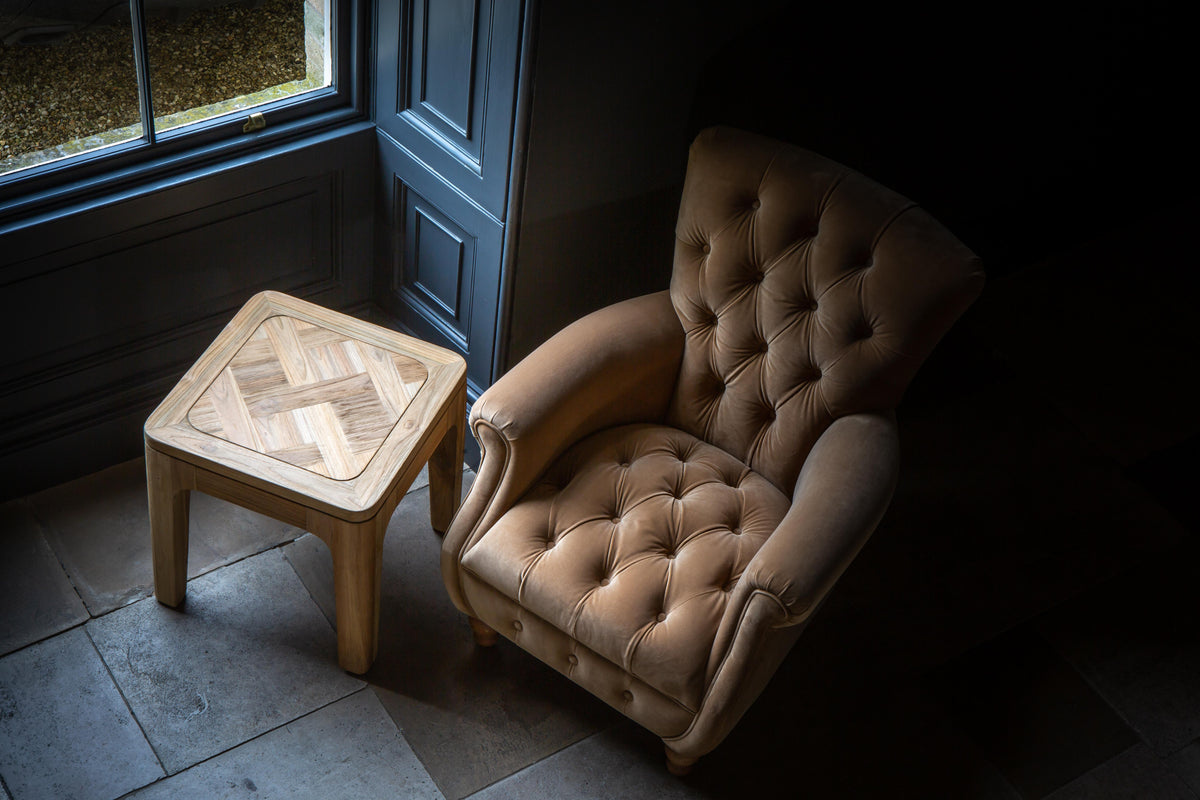 Carlton Furniture Westminster Armchair in Butterscotch Velvet - overhead room view of buttoned seat and rolled arms