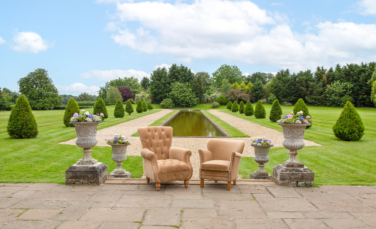 Carlton Furniture Westminster Armchair in Butterscotch Velvet - outdoor photography view of butterscotch buttoned armchair