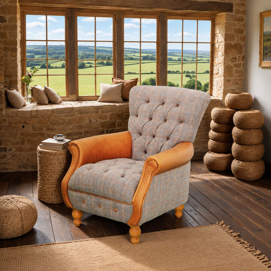 Carlton Furniture Westminster Armchair in Fellwood Lodge Harrington Tweed - full room view of buttoned tweed armchair with tan arms and natural turned feet