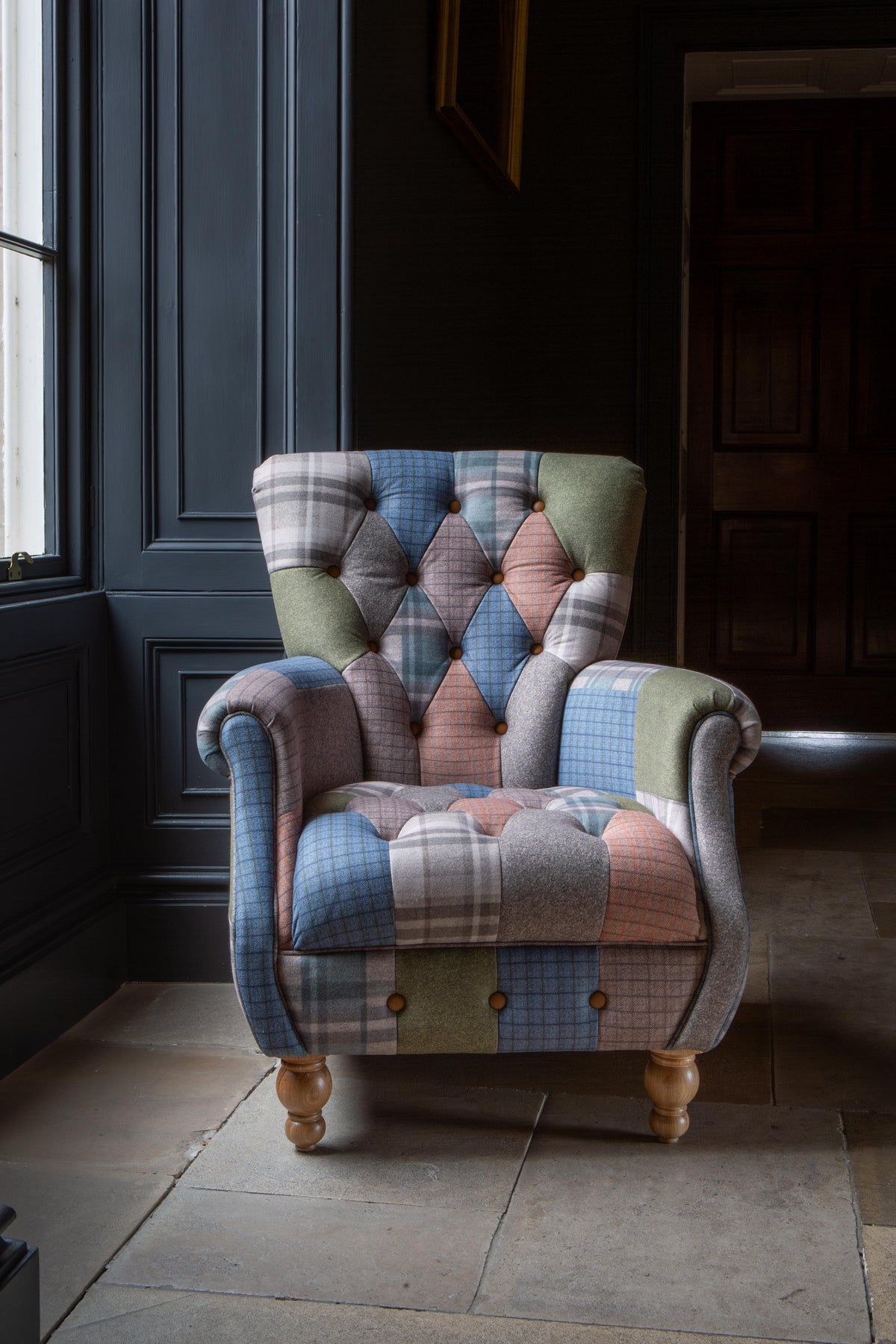 Carlton Furniture Westminster Armchair in Patchwork with Natural Legs - front room view of buttoned patchwork back and seat