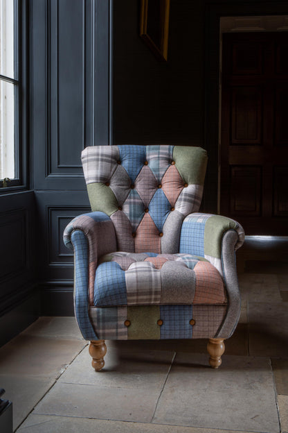 Carlton Furniture Westminster Armchair in Patchwork with Natural Legs - front room view of buttoned patchwork back and seat