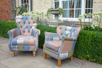 Carlton Furniture Westminster Armchair in Patchwork with Natural Legs - outdoor photography view of buttoned patchwork armchair beside another chair