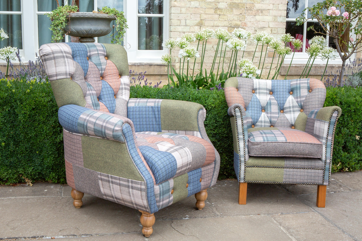 Carlton Furniture Westminster Armchair in Patchwork with Natural Legs - outdoor photography view of buttoned patchwork armchair beside another chair