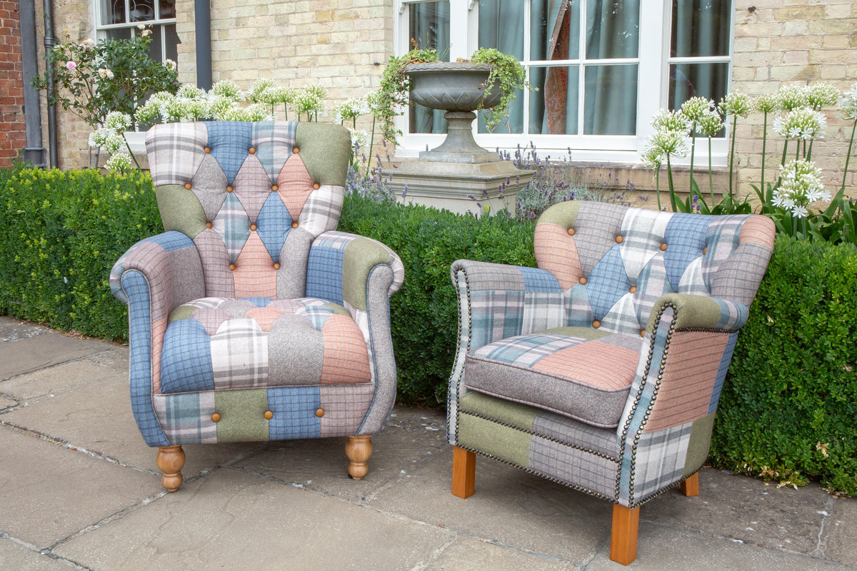 Carlton Furniture Westminster Armchair in Patchwork with Natural Legs - outdoor photography view of buttoned patchwork armchair beside another chair