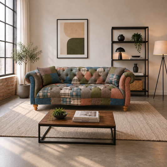 Carlton Furniture Westminster Two Seater Sofa in Patchwork with Natural Legs - full room view of patchwork two-seater with rolled arms and natural feet
