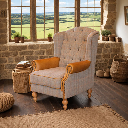 Carlton Furniture Westminster Wing Armchair in Fellwood Lodge Harrington Tweed with Natural Legs - styled room view of buttoned tweed wing chair with tan arm trims and natural legs
