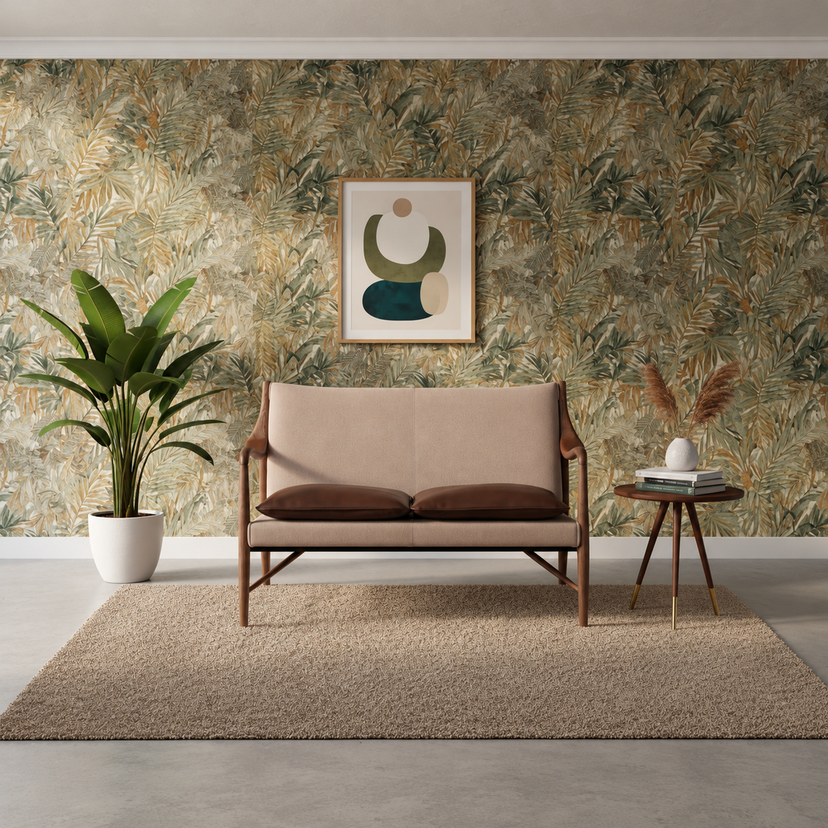Carlton Furniture Wiltshire Two Seater Sofa in Verona Wheat - front room view with botanical backdrop and side table