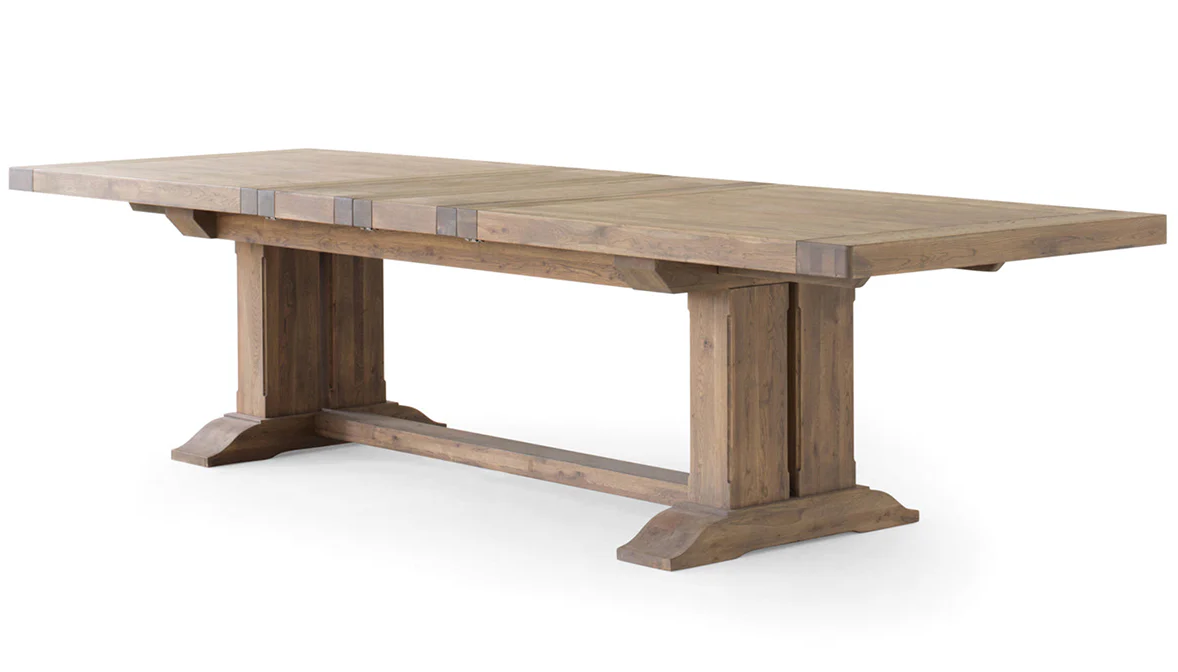 Carlton Furniture Windermere Monastery Block Leg Extending Dining Table in Grey Oiled - angled white background view of thick top and wooden pedestal base