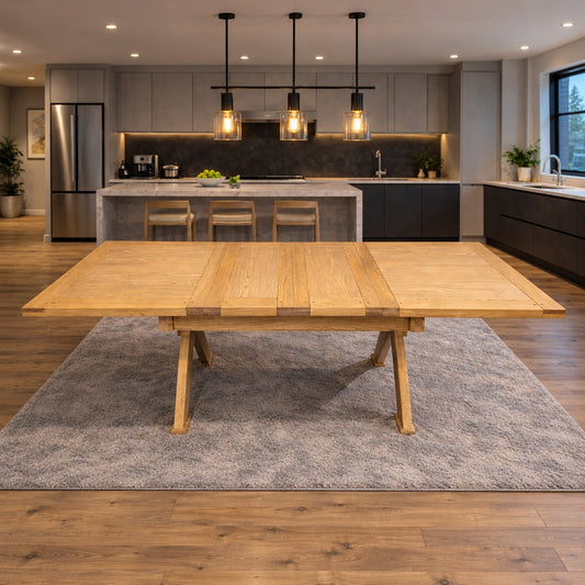 Carlton Furniture Windermere X Leg Extending Dining Table in Grey Oiled - dining room view showing table extended with two leaves and wooden X legs