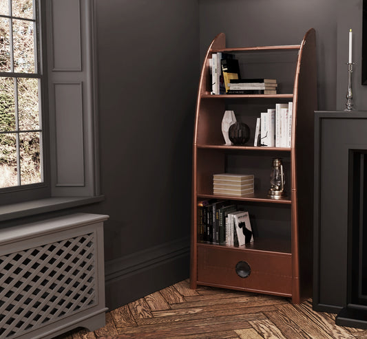 Carlton Furniture Wing Bookcase - Copper Metal Finish — lifestyle setting