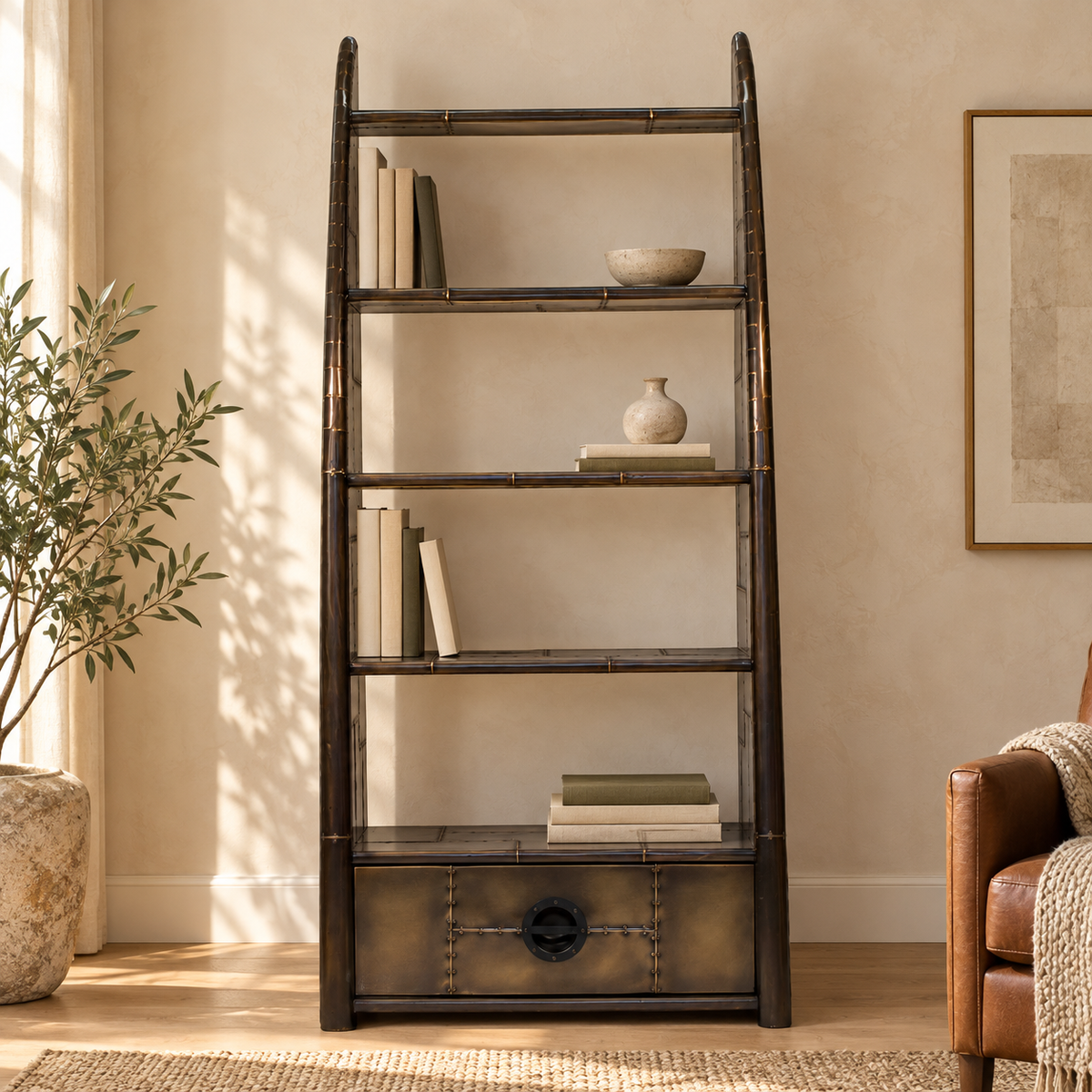 Carlton Furniture Wing Bookcase - Vintage Jet Brass — lifestyle setting