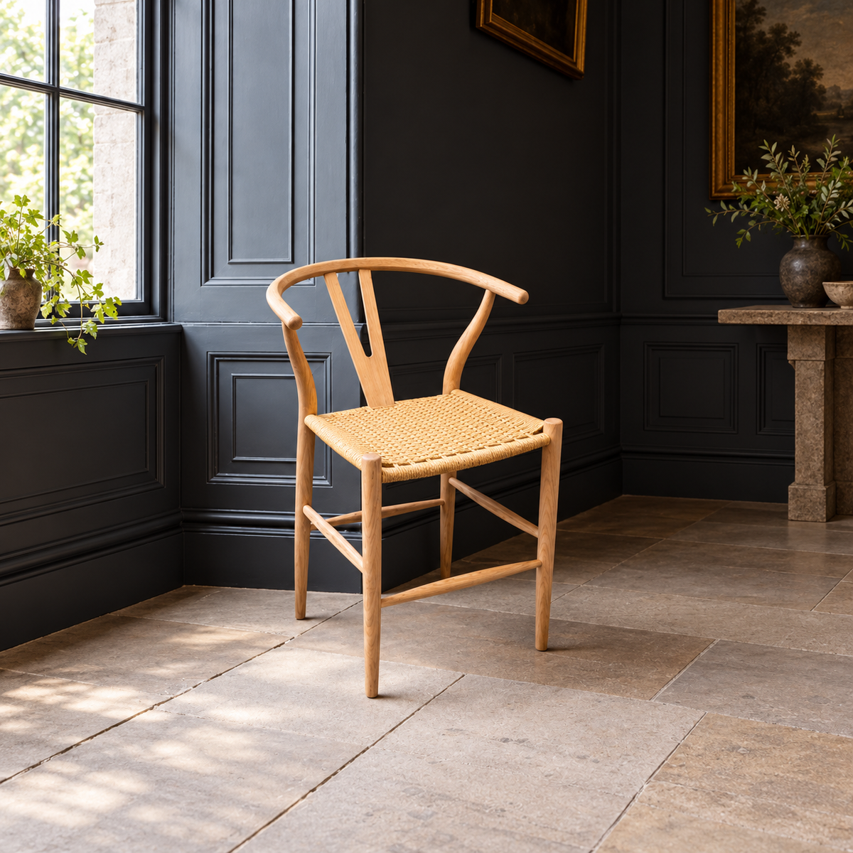 Carlton Furniture Wishbone Barstool with Rope Weave Seat and Grey Oil Legs shown in a room setting