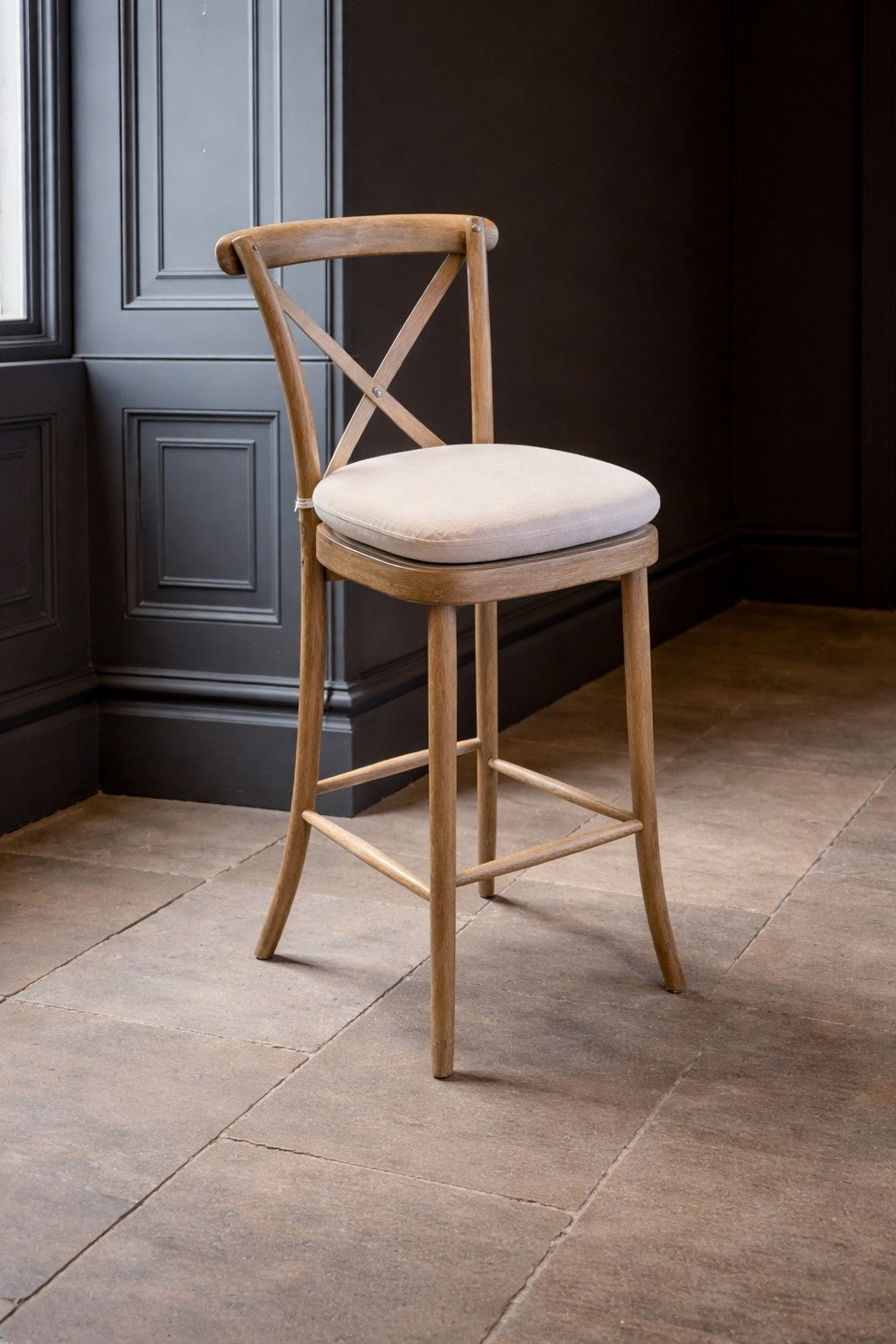 Carlton Furniture Yann Barstool Natural Linen Aqua Guard Fabric — lifestyle setting