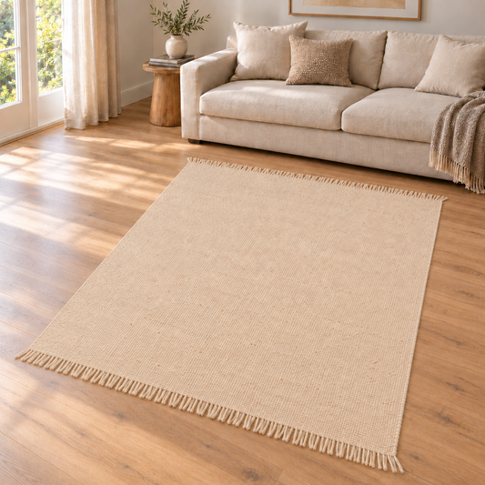 Gallery Direct Amara Rug Cream styled in a neutral living room; complete rug visible