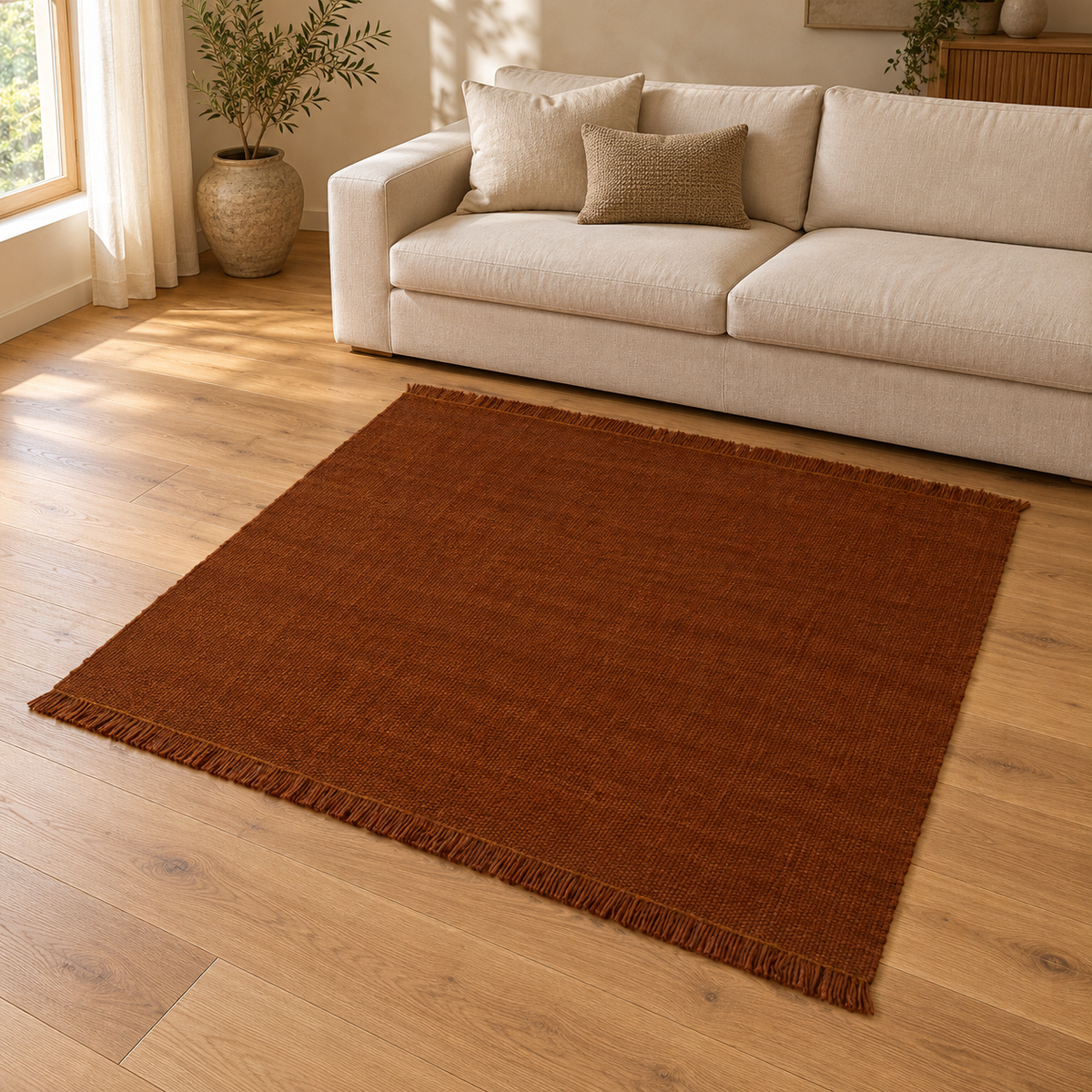 Gallery Direct Amara Rug Rust styled in a neutral living room; complete rug visible
