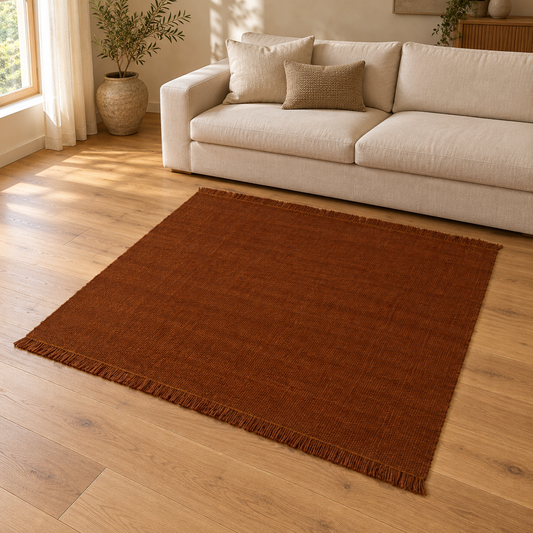 Gallery Direct Amara Rug Rust styled in a neutral living room; complete rug visible