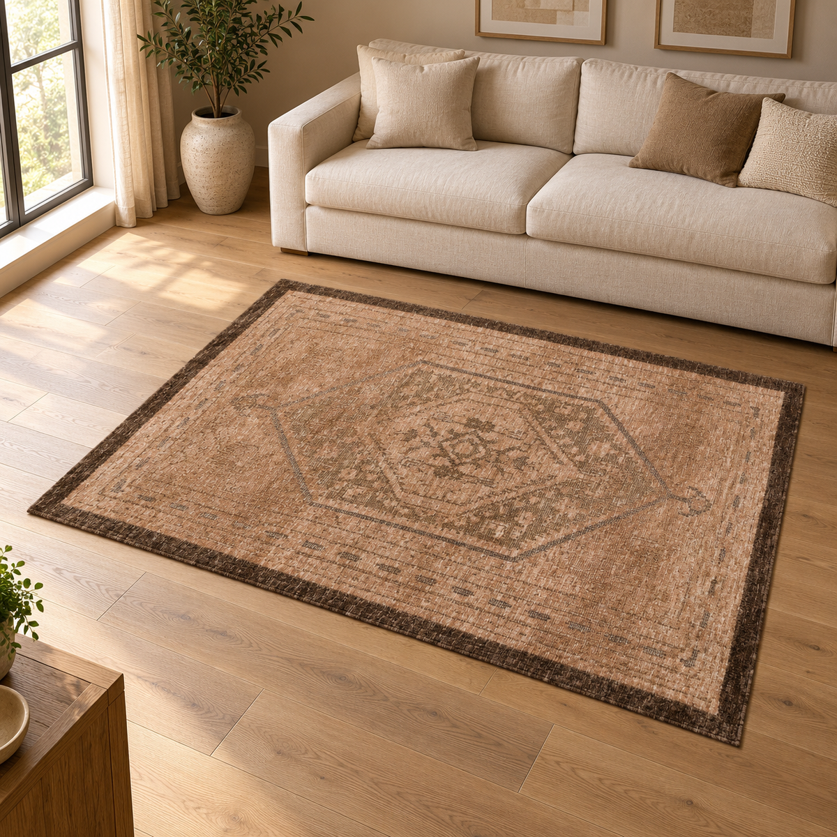 Gallery Direct Amica Rug Tan styled in a neutral living room; complete rug visible