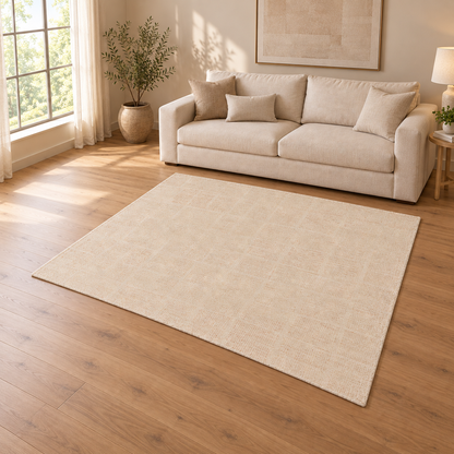 Gallery Direct Asten Rug Ivory styled in a neutral living room; complete rug visible