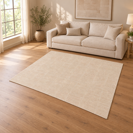 Gallery Direct Asten Rug Ivory styled in a neutral living room; complete rug visible