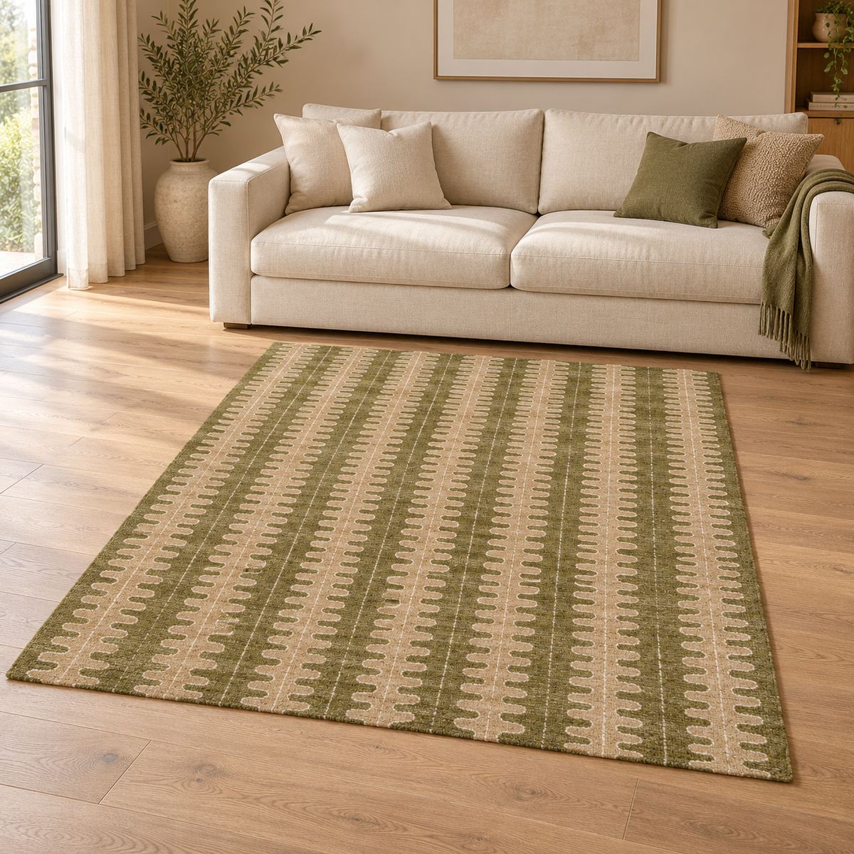 Gallery Direct Azelo Rug Natural Olive styled in a neutral living room; complete rug visible
