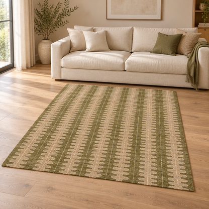 Gallery Direct Azelo Rug Natural Olive styled in a neutral living room; complete rug visible