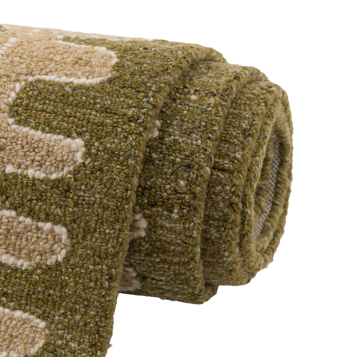 Gallery Direct Azelo Rug Natural Olive - rolled rug showing weave and pile texture